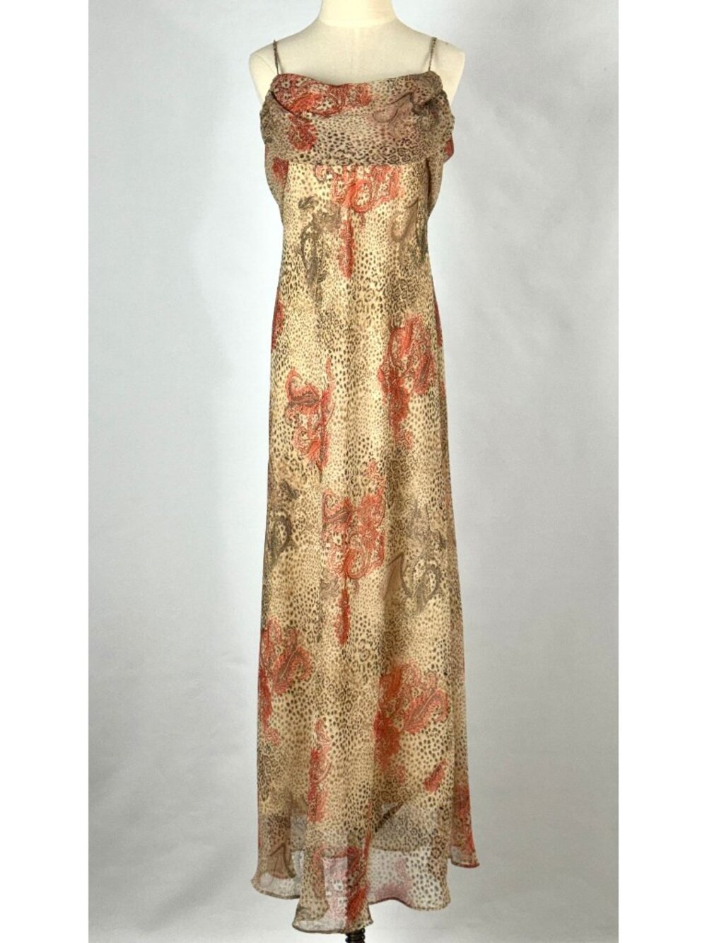 Vtg Y2K Alyn Paige Cheetah Print Paisley Maxi Dress Cowl Neck Chiffon Fairy - Picture 2 of 9